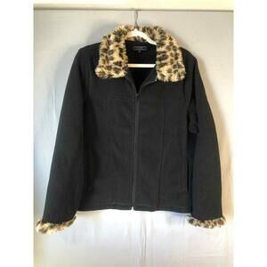 Womens Black Fleece Jacket Faux Leopard Print Collar/Cuffs sz 1X by Effeci